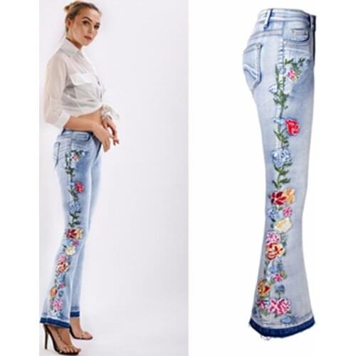 Ladies Casual High Waist Flare Embroidered Blue Jeans Women Streetwear Skinny Vintage Jeans Female Sexy Hot Fashion Denim Pants
