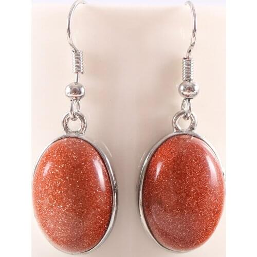 Natural Stone Dangle Earrings For Women Gold Sandstone Oval Beads Stainless Steel Earrings 1Pair U457