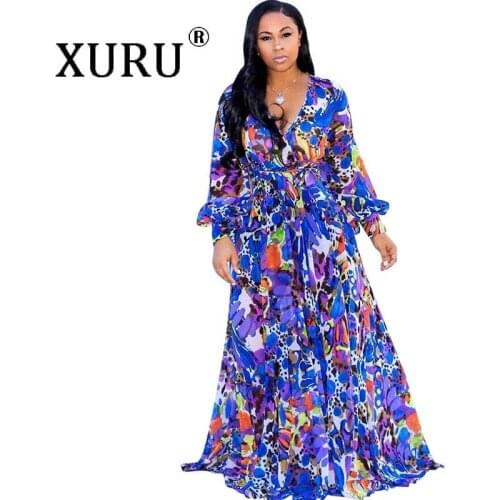 XURU Beach Chiffon Long Dress Bohemian Womens Print Dress Full Sleeve V-neck Belt Casual Loose Large Size Dress S-5XL