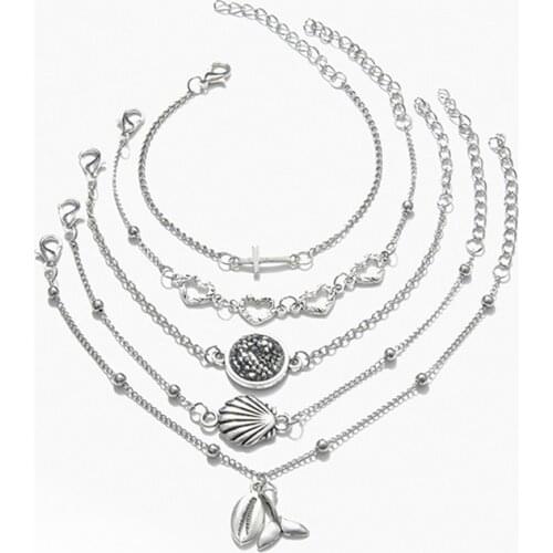 5Pcs/set Heart Chain Bracelets Shell Charm Bracelets Set For Women Retro Fishtail Bracelet Ladies Boho Jewelry Pulseira
