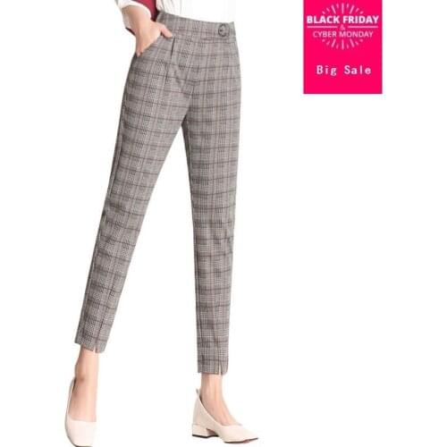 2020 Spring summer new fashion brand elastic pencil pants ladies plaid stitching Nine feet pants OL formal pants wj2025