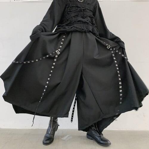 2020 Men Ribbon Dark Black Wide Leg Pants Male Women Japan Streetwear Punk Gothic Harem Trousers Kimono Skirt Pants