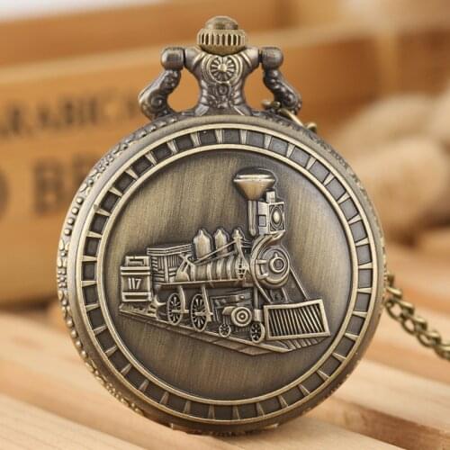Retro Bronze Alloy Locomotive Train Pattern Quartz Pocket Watch Steampunk Antique Necklace Chain Art Collectibles for Men Women