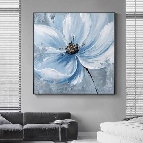 Pure Hand-painted Abstract Blue Flower Oil Painting Home Good Canvas Wall Art Unframed Wall Hanging Pictures Artwork For Decor