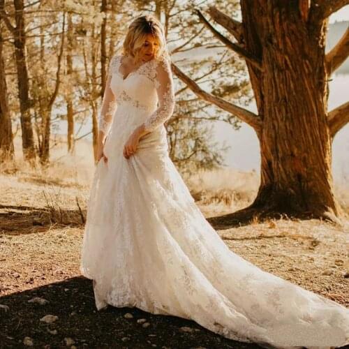 Eightale Plus Size Wedding Dresses 2020 V-Neck Appliques High Waist Beaded Long Sleeves Wedding Gowns Custom Made Bride Dresses