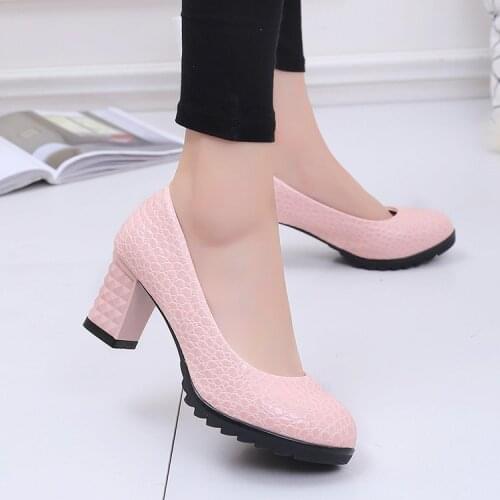 Elegant Thick High Heels Pumps Women Fashion Solid Color PU Leather Party Wedding Shoes Woman Shallow Mouth Pumps Female new