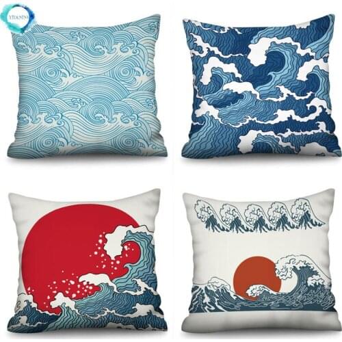 Geometric Polyester Cushion Cover Blue Wave Pattern Throw Pillow Case Striped Dotted Grid Triangular Art Pillow Cover 45X45CM