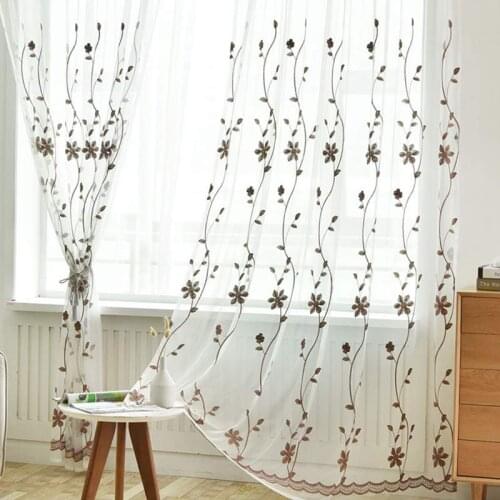 Coffee Floral Embroidered Sheer Curtains for Bedroom Kids Girls Pastoral Rural Semi Voile French Window Treatment Drapes