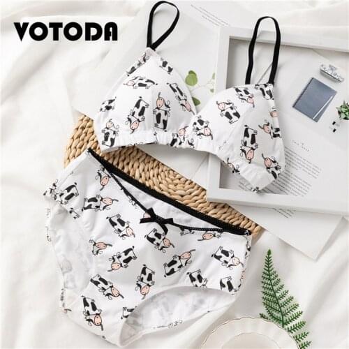 Women French Triangle Cup Bra Sexy Lingerie Set Cute Cartoon Cow Underwear Panties Comfortable Cotton Wire Free Bralette Briefst