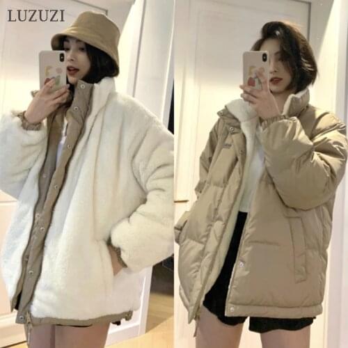 LUZUZI 2021 New Women Short White Duck Down Coats Female Loose Double Side Wear Windproof Parkas Causal Puffer Jacket Outwear