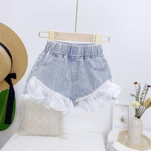 2021 Summer Girls Fashion Jeans Shorts with Pearl Lace Hem