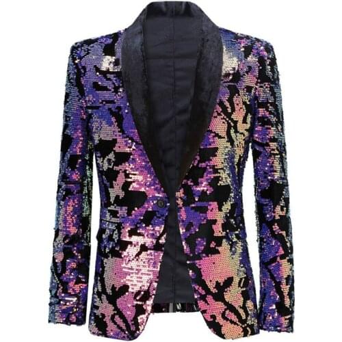 Fashion Purple Colorful Velvet Sequins Blazer Masculino Slim Fit Men Suit Jacket Stage Singer Costume Shiny Blazers Men Clothing