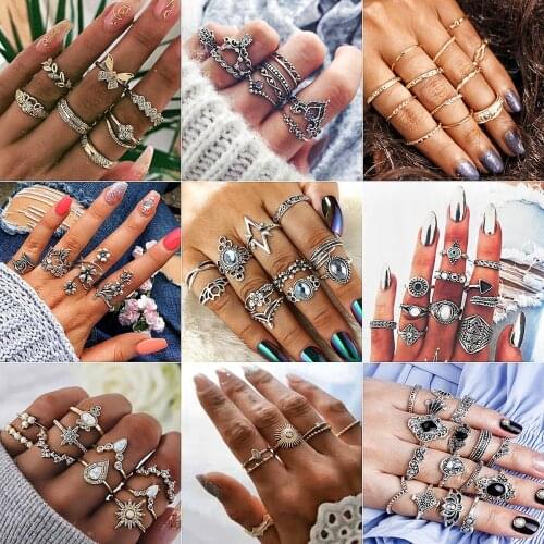 Fashion Retro Bohemian MIDI Womens Ring Set Cross Leaf Sun Rose Silver Color Finger Ring Jewelry Birthday Gift