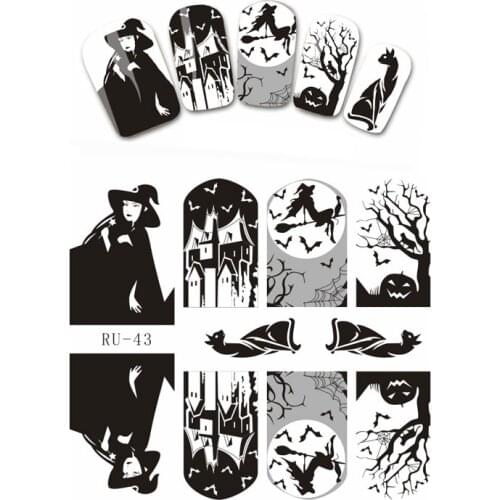 UPRETTEGO NAIL ART BEAUTY WATER DECAL SLIDER NAIL STICKER HALLOWEE WITCH FLOWER BIRD CASTLE BUTTERFLY RU043-048