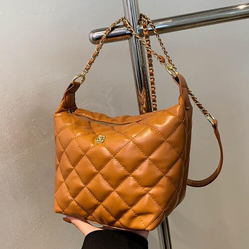 Solid Color Lattice Bucket PU Leather Crossbody Bags for Women 2021 Fashion Winter Shoulder Purses and Handbags
