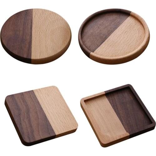 2PCS Solid Wooden Coasters Natural Beech Wood Round Square Heat Insulation Cup Mat Drink Wine Tea Coaster