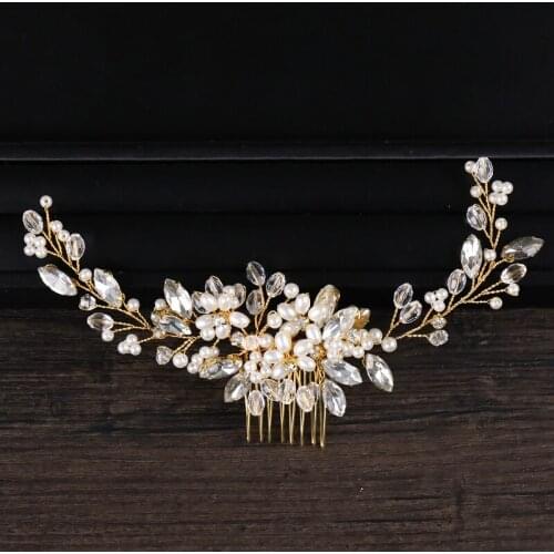 Wing Pattern Gold Color Crystal Hair combs Wedding Hair Accessories Pearl Hair Comb Bridal Handmade Fashion Hair Ornament