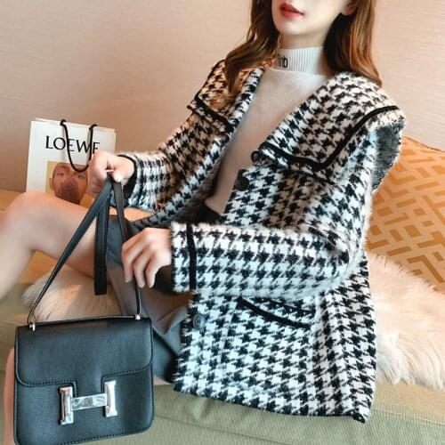 Lady Autumn/winter Thick Turn-down Navy Collar Houndstooth Sweater Sweety Flat Knitted Korea Sweaters for Women Cardigan Tops