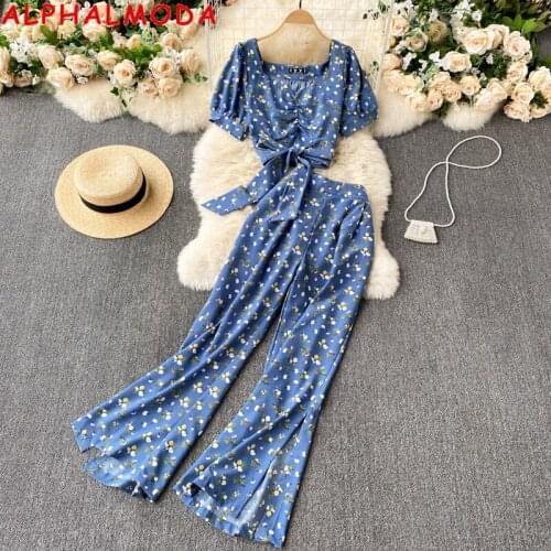 ALPHALMODA 2021 Spring New Printed Short-sleeved Blouse + Split Wide Leg Sutis Women Holidays Casual Clothes Set