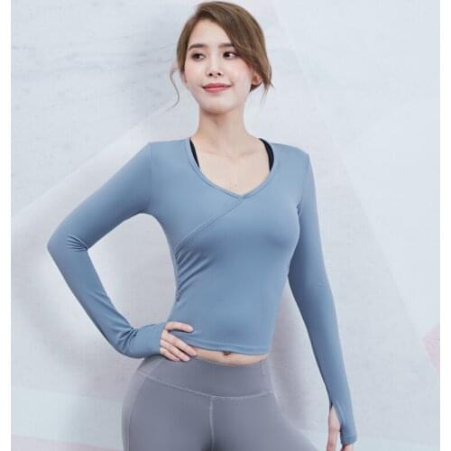 Vansydical Cross V-Collar Yoga Crop Tops Long Sleeve Athletic Workout Shirts Women Solid Slim Fitness Tees Naked-Feel