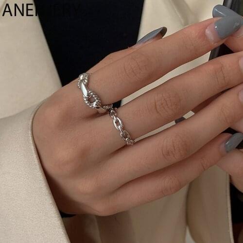 ANENJERY 925 Sterling Silver Simple Link Chain Shaped Rings For Women Adjustable Ring Jewelry Accessories Gift S-R998
