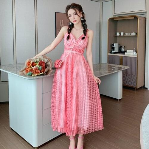 Fashion Summer Korean Retro Sexy Strap Sleeveless Maxi Party Dress Ladies Elegant Robe Casual V-Neck Dot Print Mesh Beach Dress