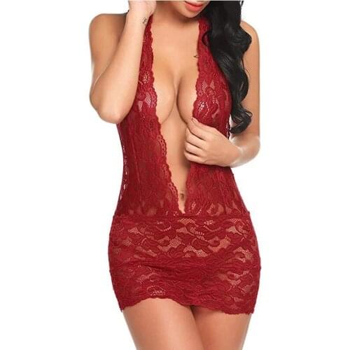 Women Sexy V-Neck Night Dress Sleepwear Large Size Lace Teddy Babydoll Nightwear Femme Halter Bodysuit Pyjamas Lingerie