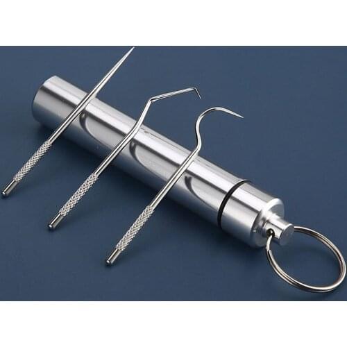 6in1 Portable Stainless Steel Toothpick Flosser Crochet tooth picker Oral dental care fine toothpick needle Hangable Keychain