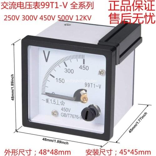 99T1 AC 150V 250V 300V 450V 500V 12KV Fine Tuning panggilan Panel tegangan Analog meteran voltmeter, Hitam putih 48 * 48 mm