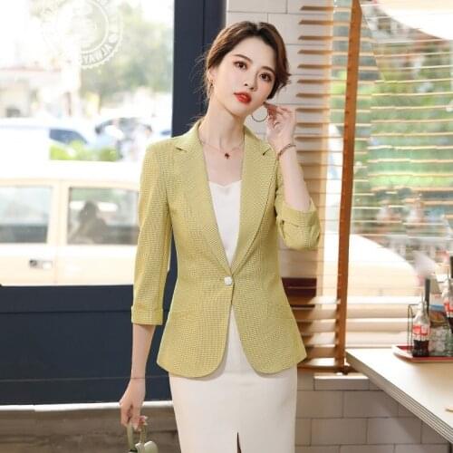 Elegant Plaid Half Sleeve Formal Blazers Jackets Coat Spring Summer Women Professsional OL Styles Business Blaser Outwear Tops