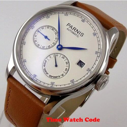 43mm PARNIS ST 2530 Automatic Mens Wristwatch White dial Power Reserve date window blue hands seconds hand Polished bezel