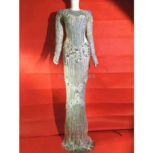 Full Crystals Costume Celebrate Outfit Dresses Sparkly Luxury Glisten Silver Rhinestones Dress Sexy Stage Wear Long Dresses