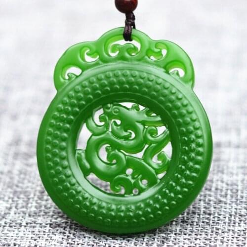 Drop Shipping Green HETIAN Jades Pendant Necklace Carved Double-sided Hollow-out Dragon Fortune Amulet Women Men Jewelry