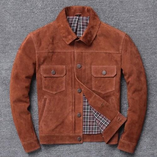 Farctory 2020 New Men Brown Suede cowhide Jacket Casual Single-breasted Tooling Cowskin Jackets Free Shipping