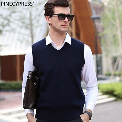 100% Pure Wool Quality Men Sleeveless Sweater Knitting Navy Red Knitwear Male Pullover V-Neck Casual Man Knitted Woolen Vest