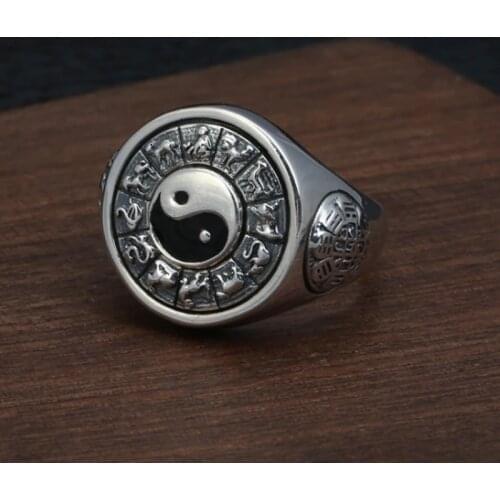 Solid 925 Sterling Silver MENS Men twelve chinese zodiac signs rotate punk ring rings jewelry gift A5121