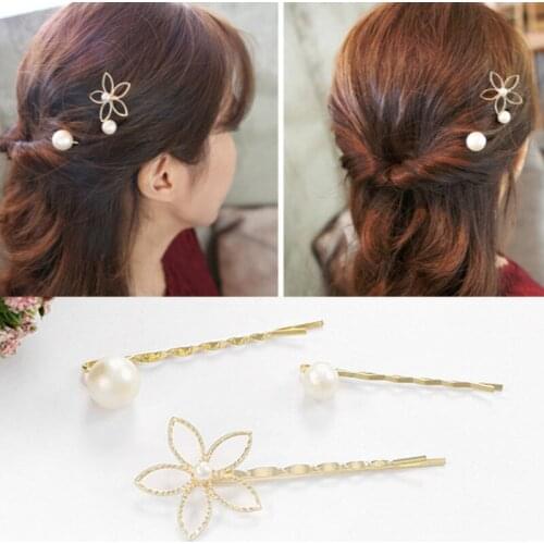 Korean Jewelry Hollow Flower With Five Petals Pearl Three Piece Word Clip Clip Hairpin Top