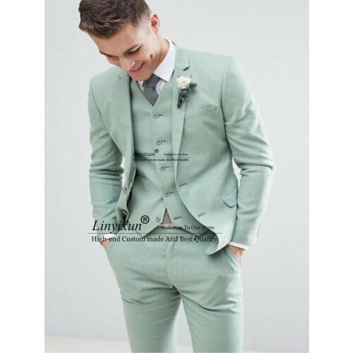 Costume Homme Light Green Men Suits 3 Pcs Notch Lapel Fashion Groom Wedding Terno Masculino Slim Fit Blazer Jacket+Pant+Vest