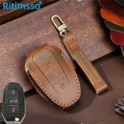Handmade Leather Car Key Fob Case Cover Holder Shell for Peugeot 308 408 508 2008 3008 4008 5008 3 button Smart Remote Key Case