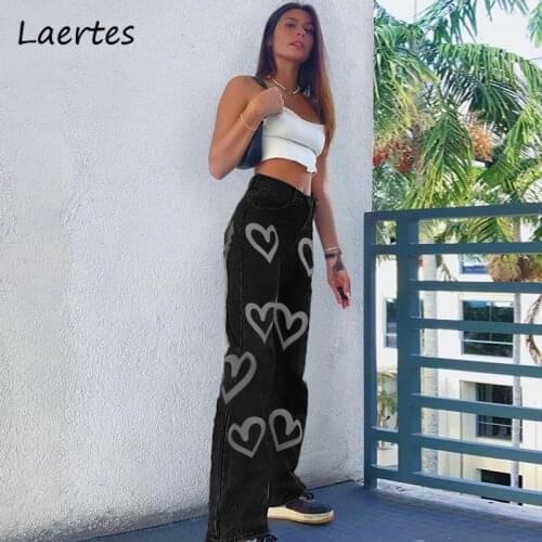 Laertes Fashion Heart Print Jeans For Women Slim Coated Skinny Jean Femme Straight Pants Casual Trousers Streetwear Plus Size