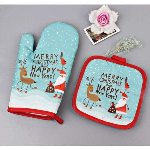 2pcs Microwave Glove Mat Set Cute Cartoon Christmas Anti-Hot Oven Mitts Insulation Pad for Kitchen Dining BBQ