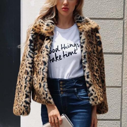 New Luxury Faux Fur Coat Leopard Print Winter Jacket Turn Down Collar Slim Womens Outerwear Casaco Feminino Ropa Invierno Mujer