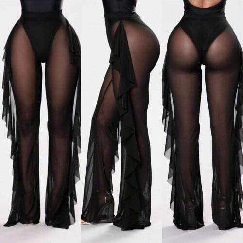 New Sexy Ruffle Women Beach Mesh Pants Sheer Wide Leg Pants Transparent See through Sea Holiday Cover Up Bikini Trouser