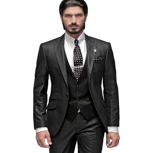New Design One Button Black Groom Tuxedos Peak Lapel Groomsmen Mens Wedding Prom Suits (Jacket+Pants+Vest+Tie) NO:18