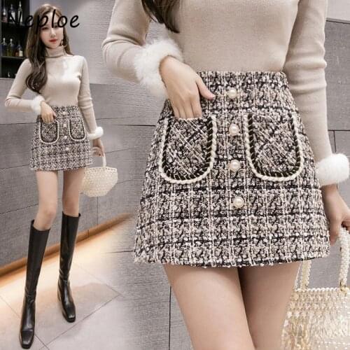 Neploe Autumn Winter New 2021 Plaid Print Skirts Women High Waist Pockets Decoration Mujer Faldas All-match A-line Skirt Female