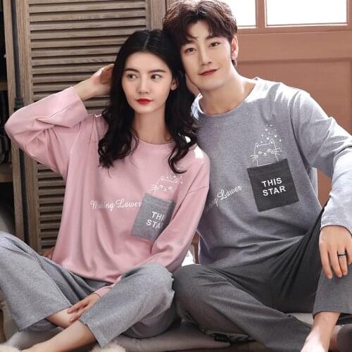 SLPBELY Couple Pajamas Set Homesuit Spring Casual Cartoon Cat Striped Two Piece Long Sleeve Pyjamas Lovers Homewear Sleepwear