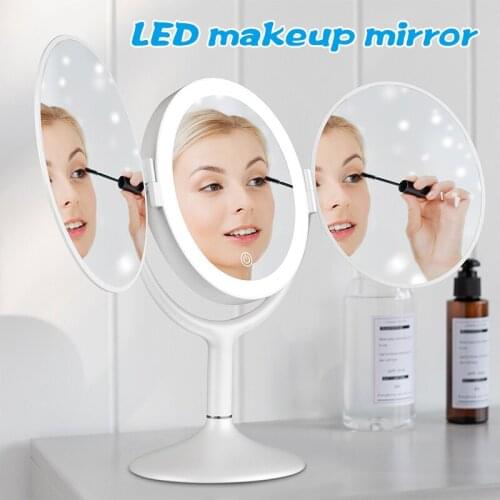 Portable Tri-Fold Mirror Dual Magnification Makeup Mirror with Lights Cosmetic Mirror For Home JS22