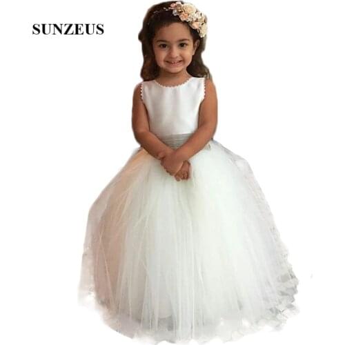 Simple Puffy Ball Gown Flower Girls Dresses Scoop Tank Pleat Waist Tulle Wedding Party Dress for Girl Kids vestido comunion SF08