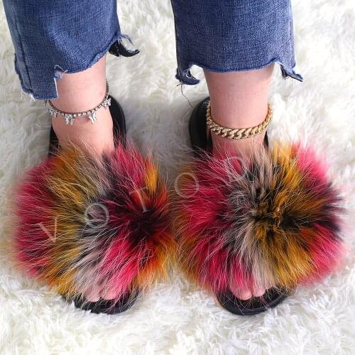 Hot Women Fur Slippers With Strap Woman Fluffy Real Fox Fur Flip Flops Female Raccoon Fur Slides Lady Indoor Rainbow Fur Slides