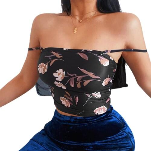 Summer Ladies Midriff-baring Camisole Girls Floral Printing Sleeveless Backless Ruched Tops Slim Base Shirt